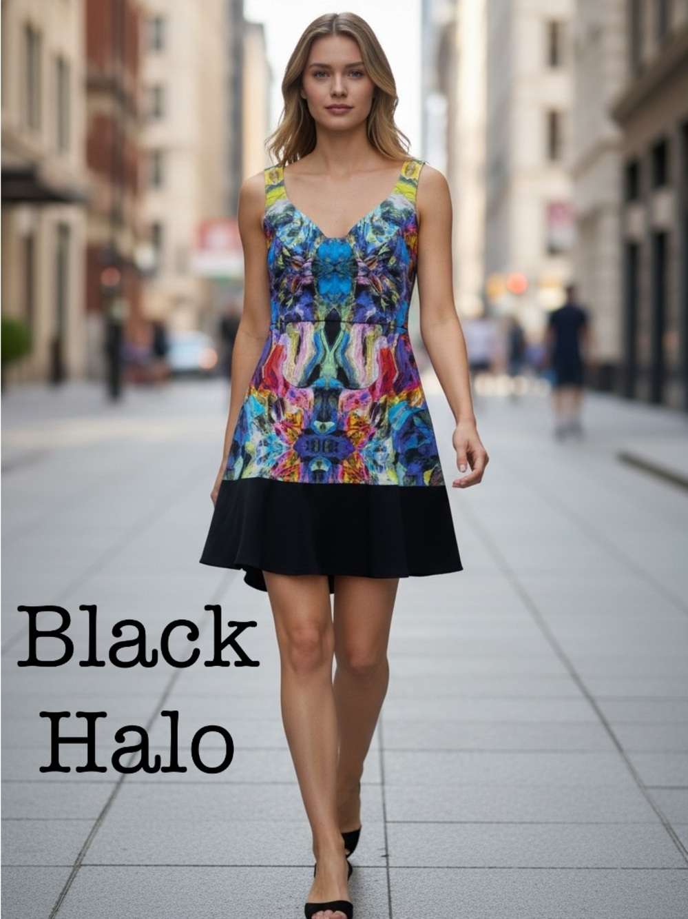 Black Halo Multicolor Printed V-Neck Fit & Flare Dress Size 2